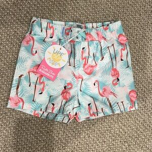 Ruffle butts flamingo swim trunks